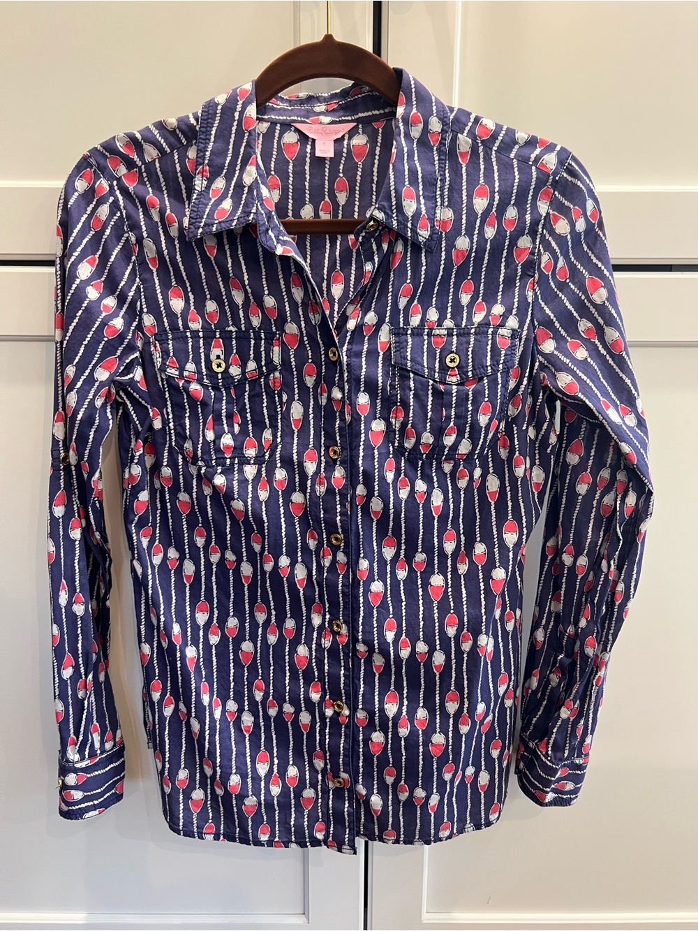Lilly Pulitzer Navy Blue Buoy CamButton-Down Shirt with Pink & White Spoon Print